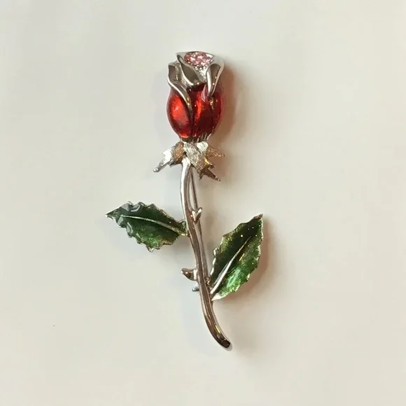 Vintage Enameled Rose Pin Flower Brooch Signed Silver Tone - Picture 1 of 10